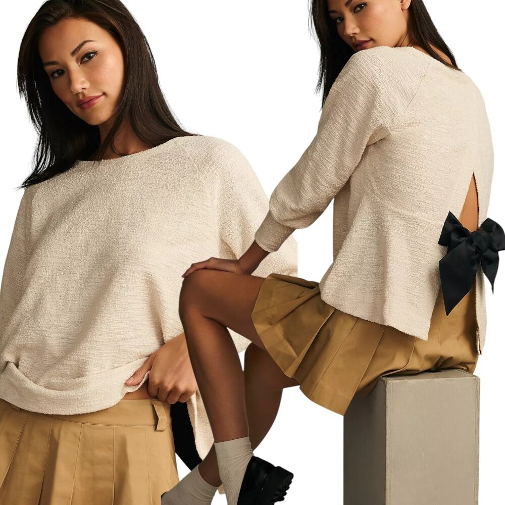 Anthropologie Cream Knit Sweater Top‎ L  Back Tie Bow Coquette Balletcore Chic